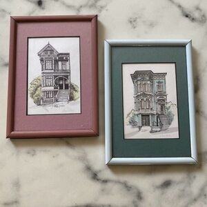 San Francisco Painted Ladies Signed Framed Art Set Hand Drawn Vintage